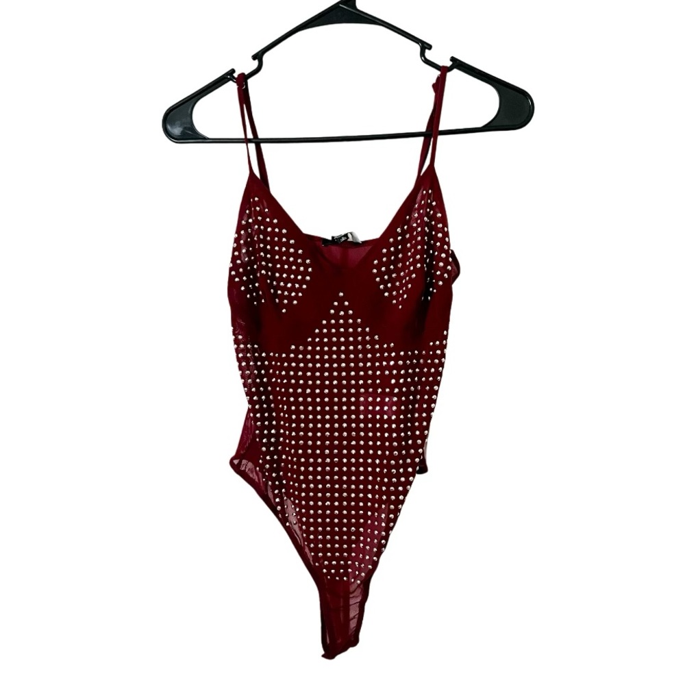 Red Rhinestone Studded Sheer Bodysuit